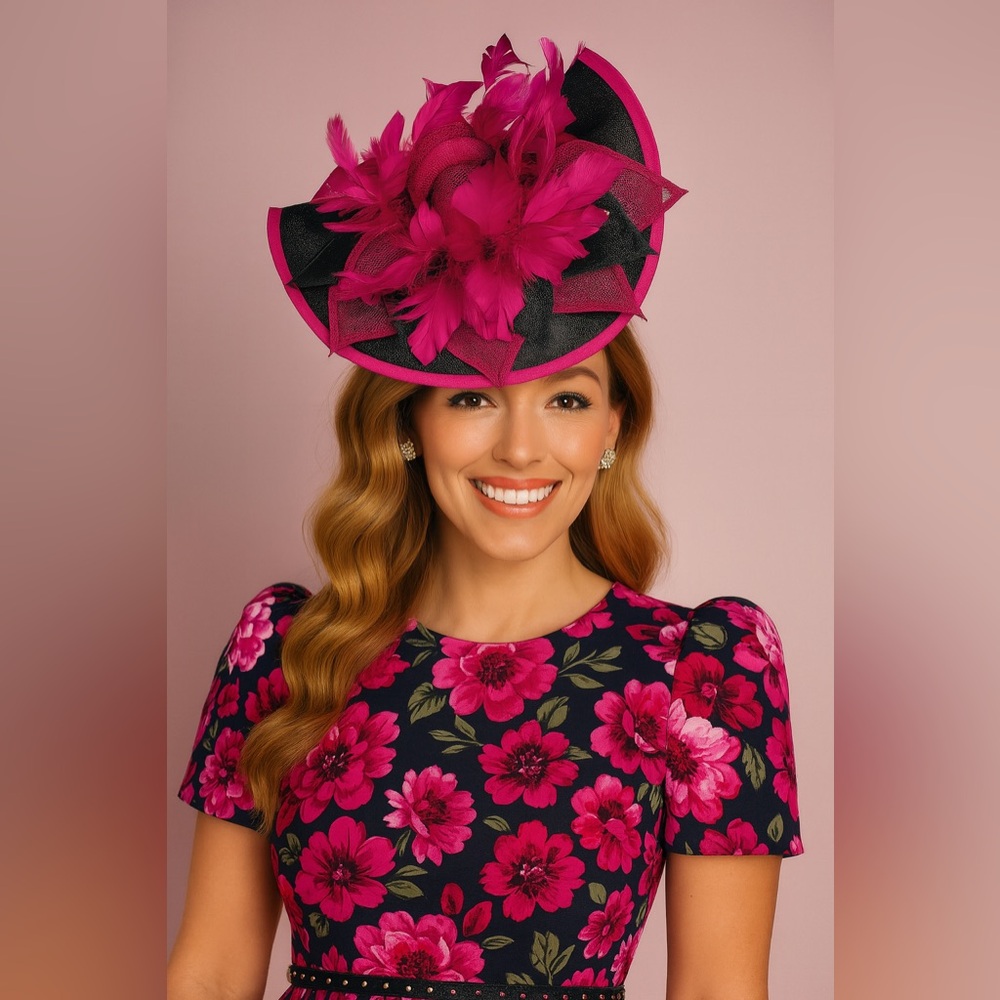 Hot Pink Black Feather Fascinator Hat – Derby, Wedding, or Garden Party Elegance